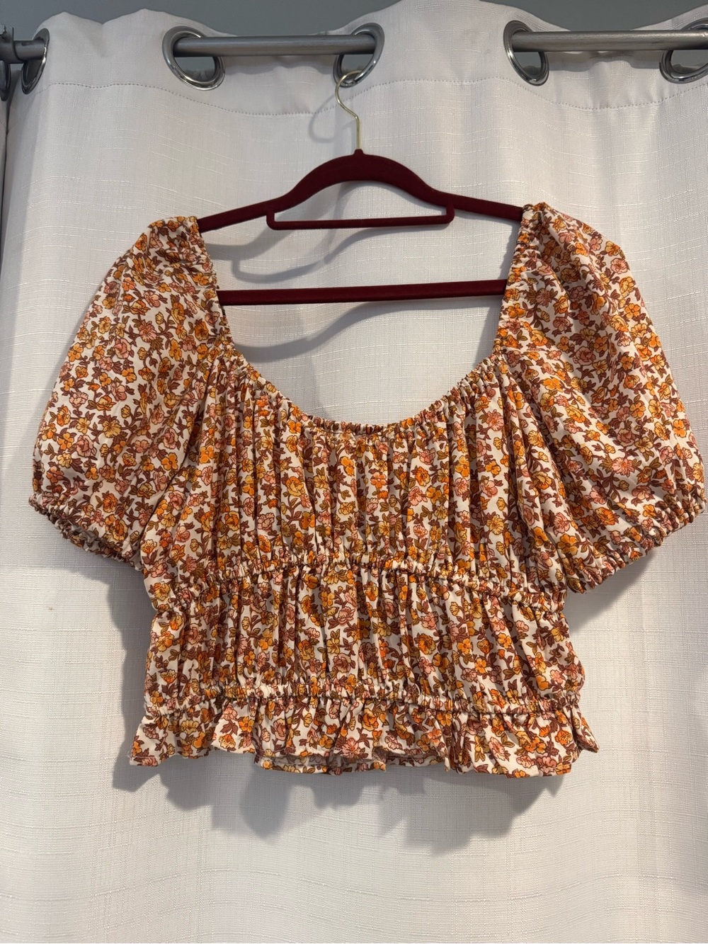 Floral Smocked Puff Sleeve Crop Top - Brown Cream & Orange